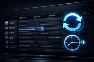 IPTV Smarters EPG guide showing how to update TV guide, add EPG XML URL, and fix time offset