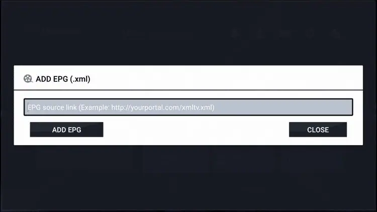 IPTV Smarters Pro EPG source link field where you paste the EPG URL