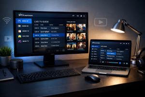 iptv smarters pro pc interface displayed on desktop and laptop computer