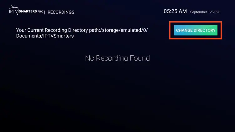 IPTV Smarters Pro change directory screen for selecting recording storage location