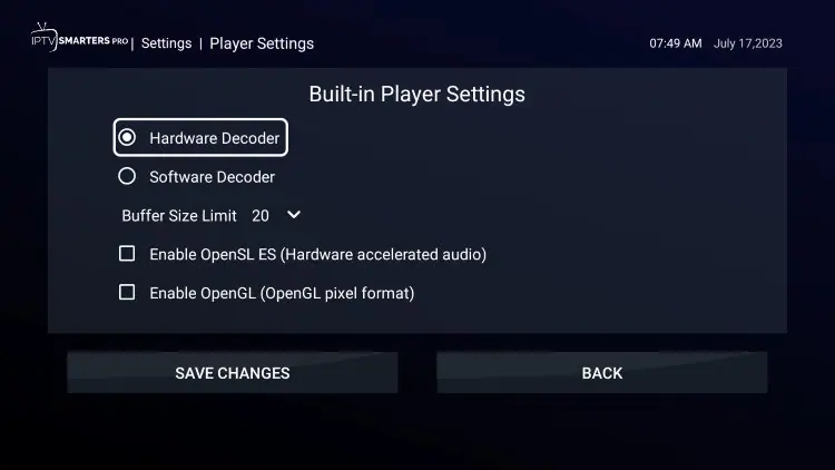 IPTV Smarters Pro player settings showing hardware decoder enabled