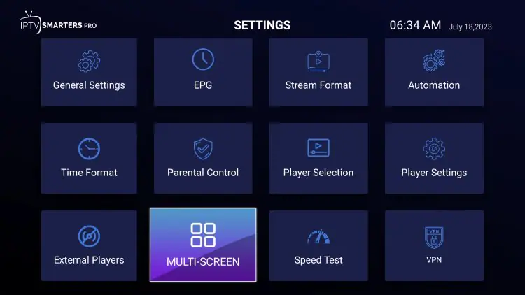 IPTV Smarters Pro multi-screen layout options showing split-screen viewing