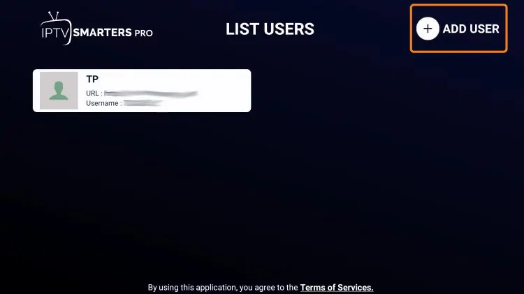 IPTV Smarters Pro multiple users screen showing the Add User option