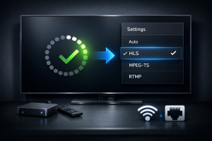 IPTV Smarters buffering fix guide showing player settings, streaming format switch, and internet troubleshooting steps