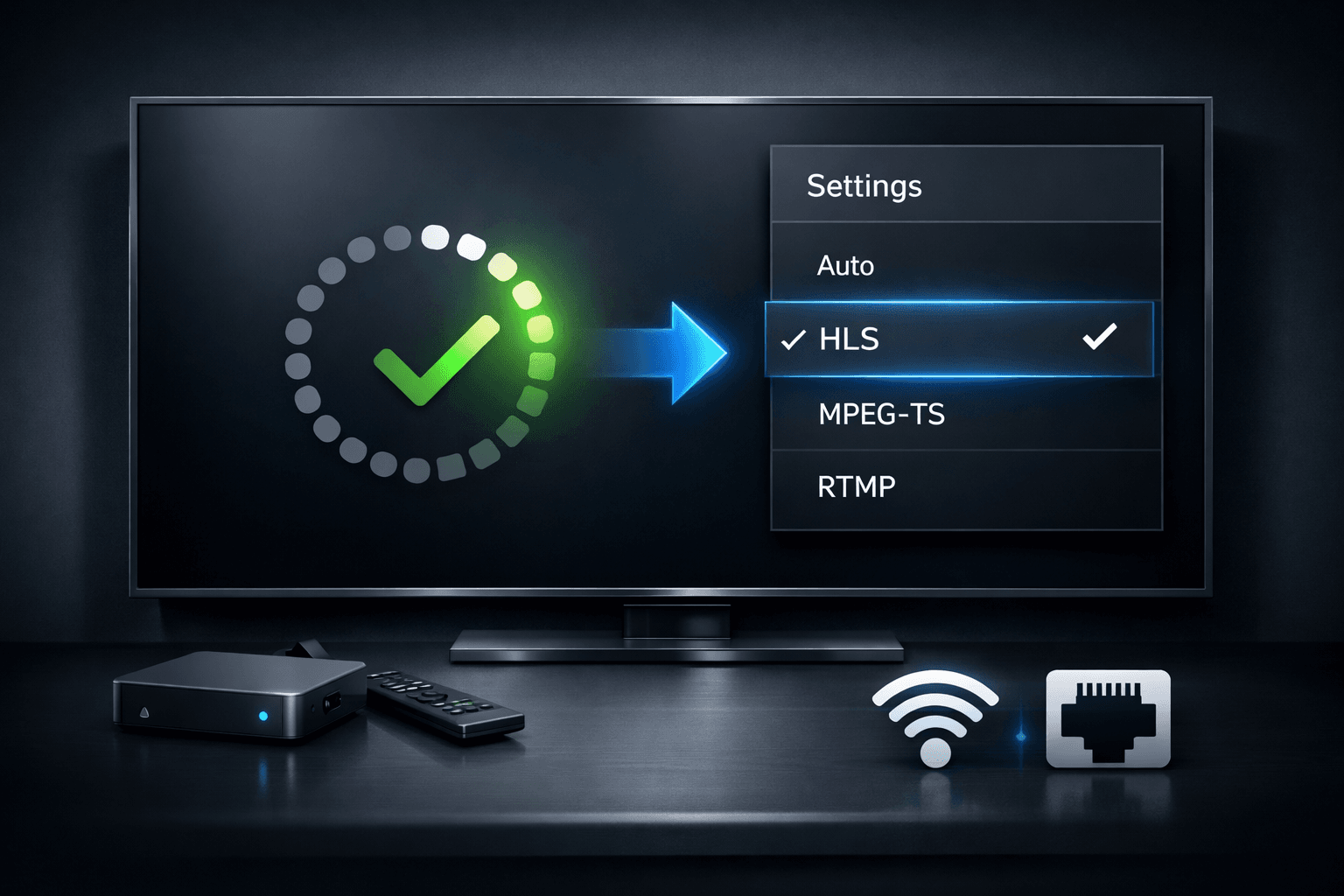 IPTV Smarters buffering fix guide showing player settings, HLS vs MPEGTS streaming format switch, and UK home internet troubleshooting steps