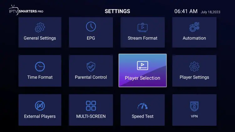 IPTV Smarters Pro settings showing how to add an external video player such as MX Player