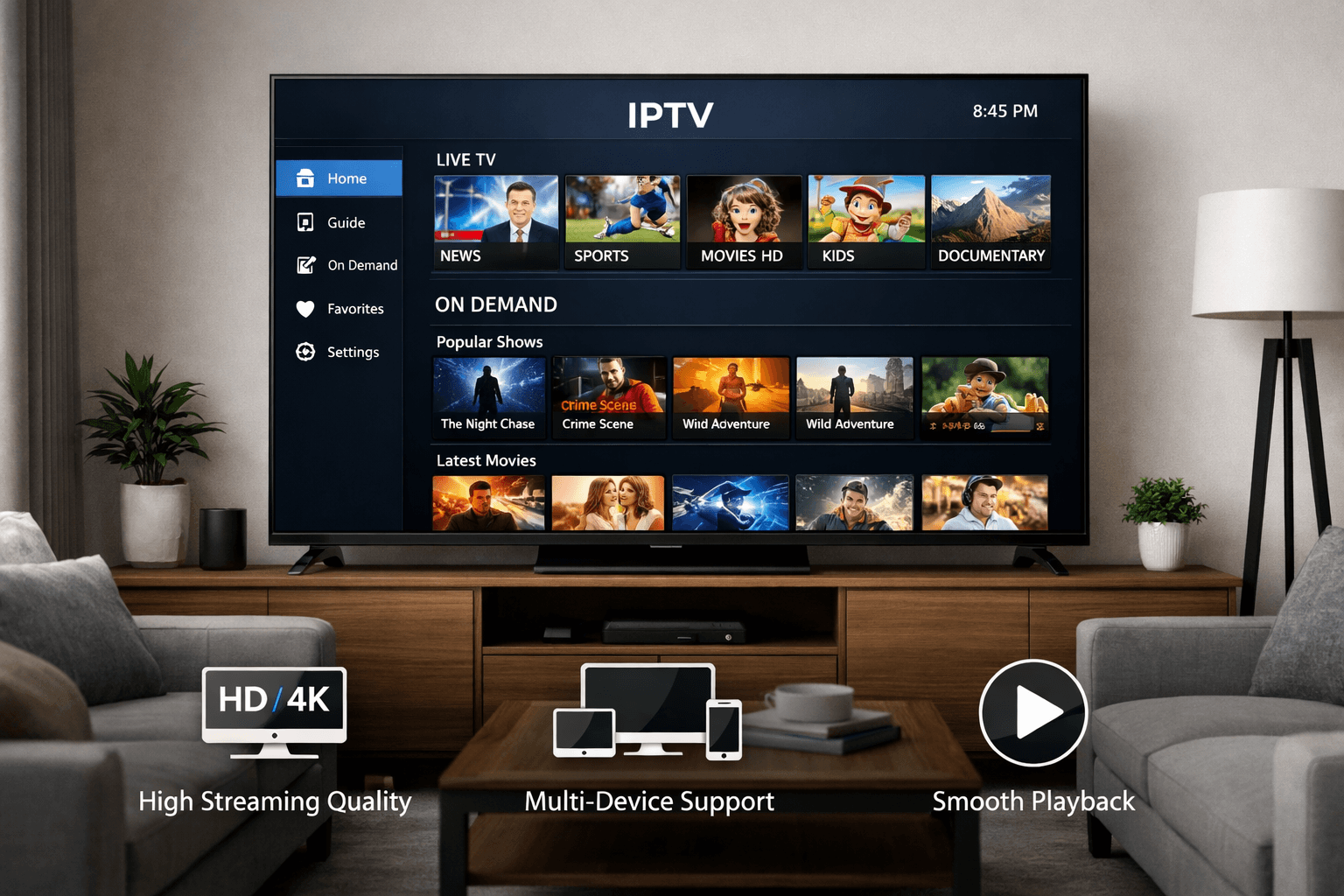 best for iptv setup displayed on smart tv with streaming features highlighted
