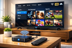 iptv box connected to a television streaming live TV and on-demand content