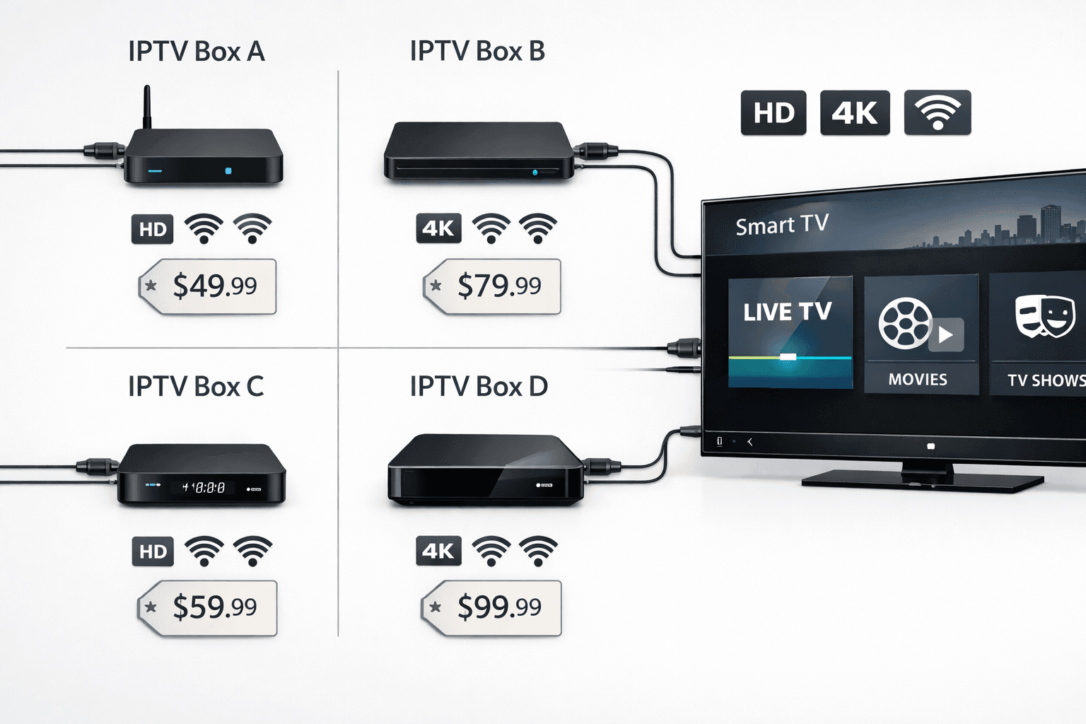IPTV box prices compared across different models and streaming features