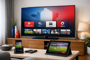iptv france streaming service displayed on smart tv with french channels