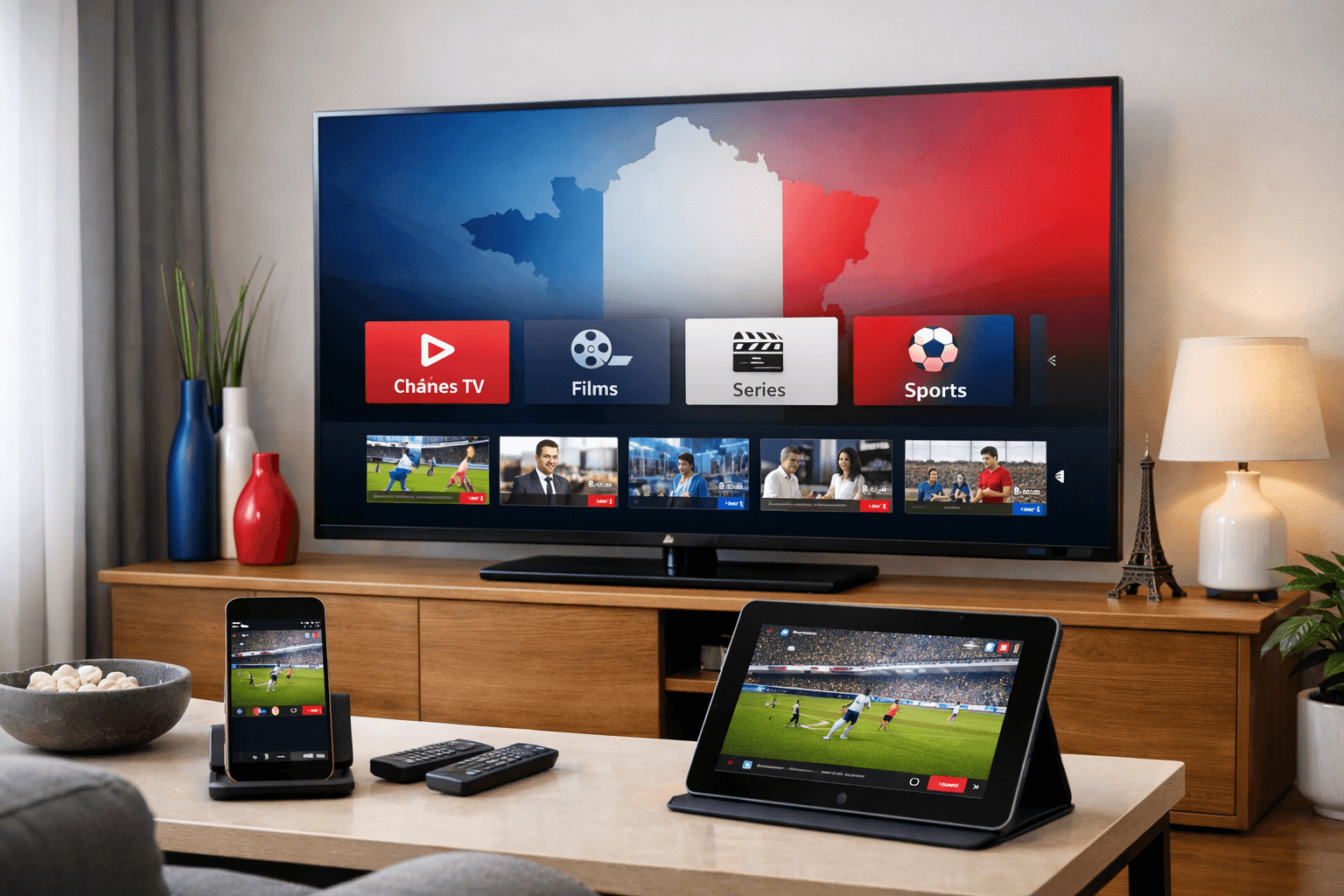 iptv france streaming service displayed on smart tv with french channels