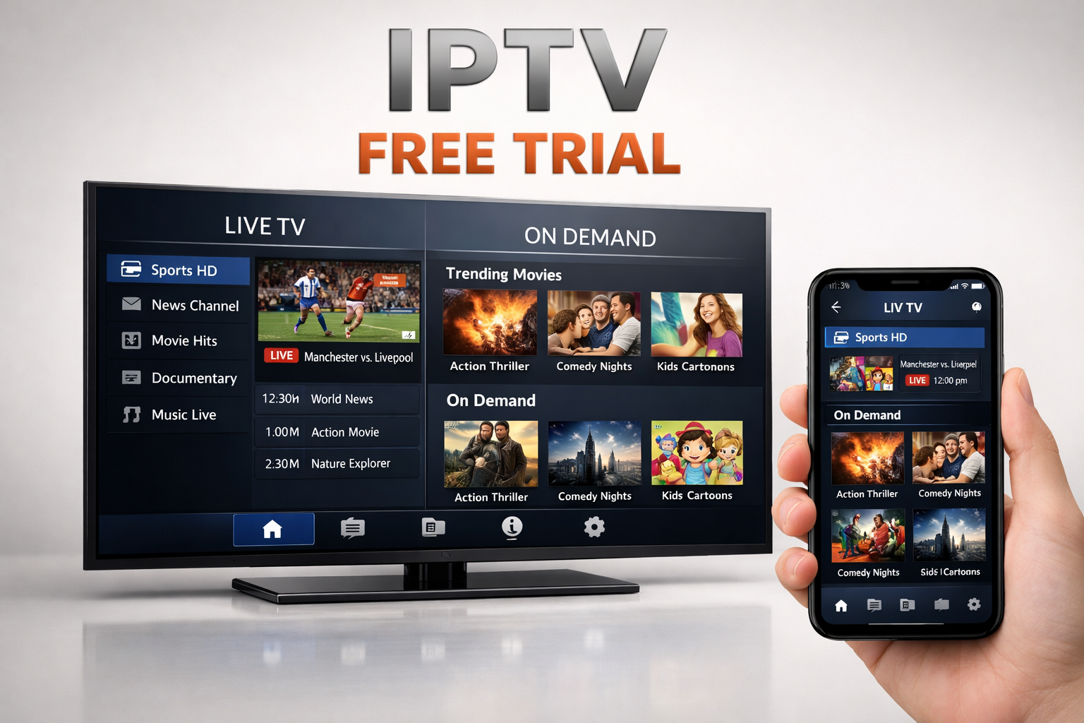 IPTV free trial guide offer displayed on smart TV and mobile streaming app