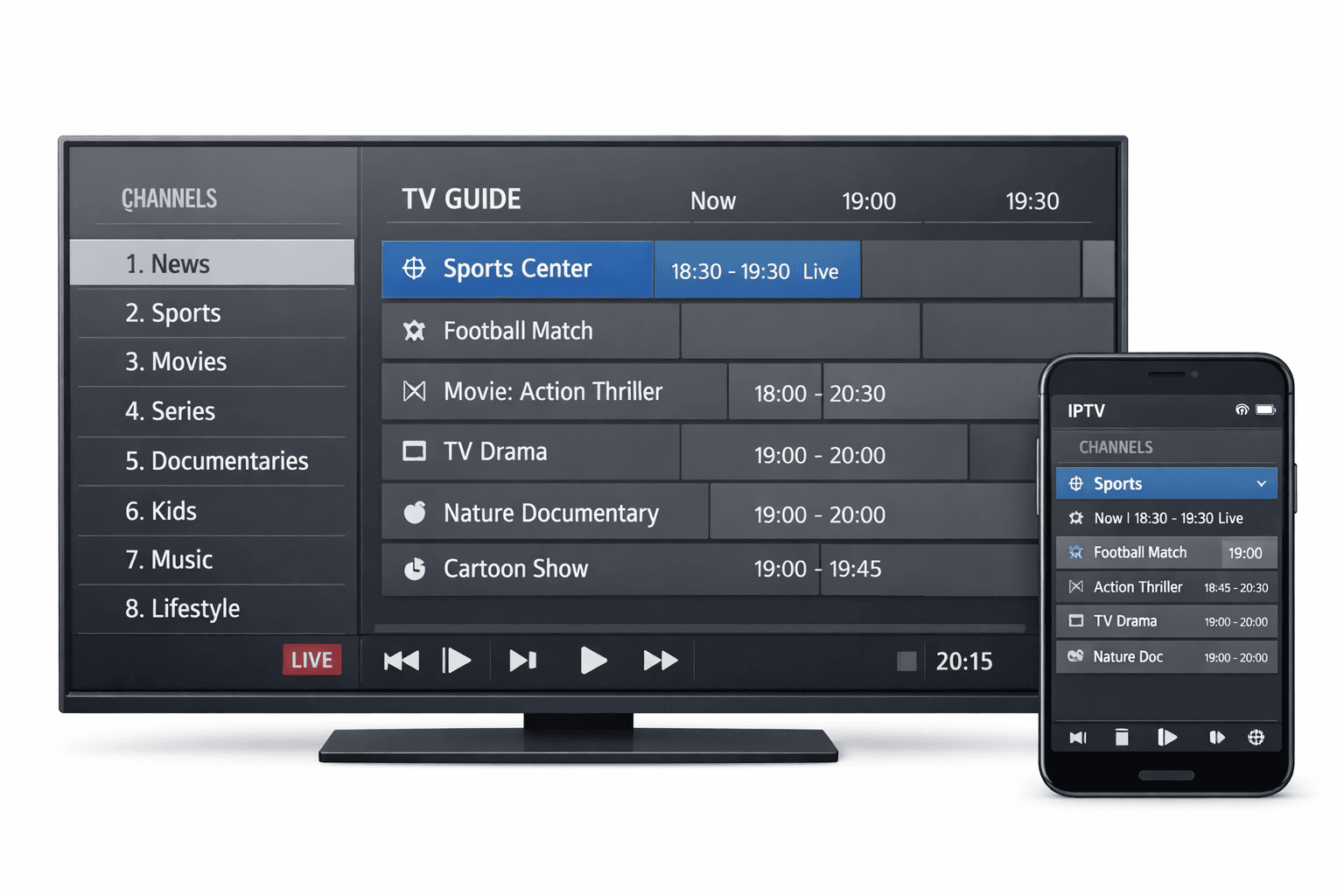 iptv player app interface displaying live tv channels and program guide (UK)