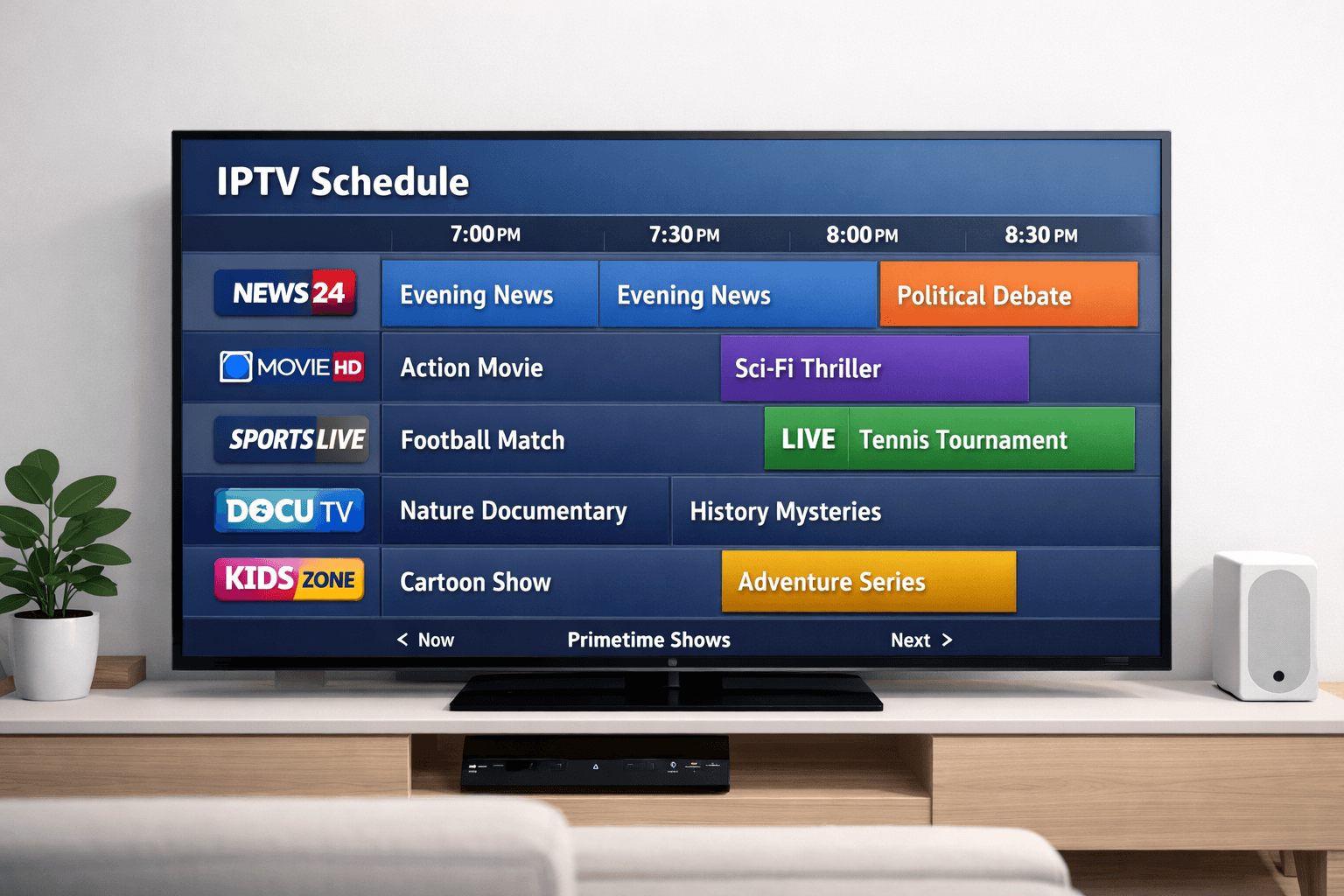 iptv schedule shown as an electronic program guide with channels and time slots