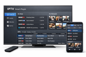 iptv smart player app interface on smart tv and mobile device