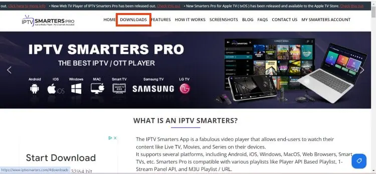 IPTV Smarters Pro official website downloads page for Windows installation