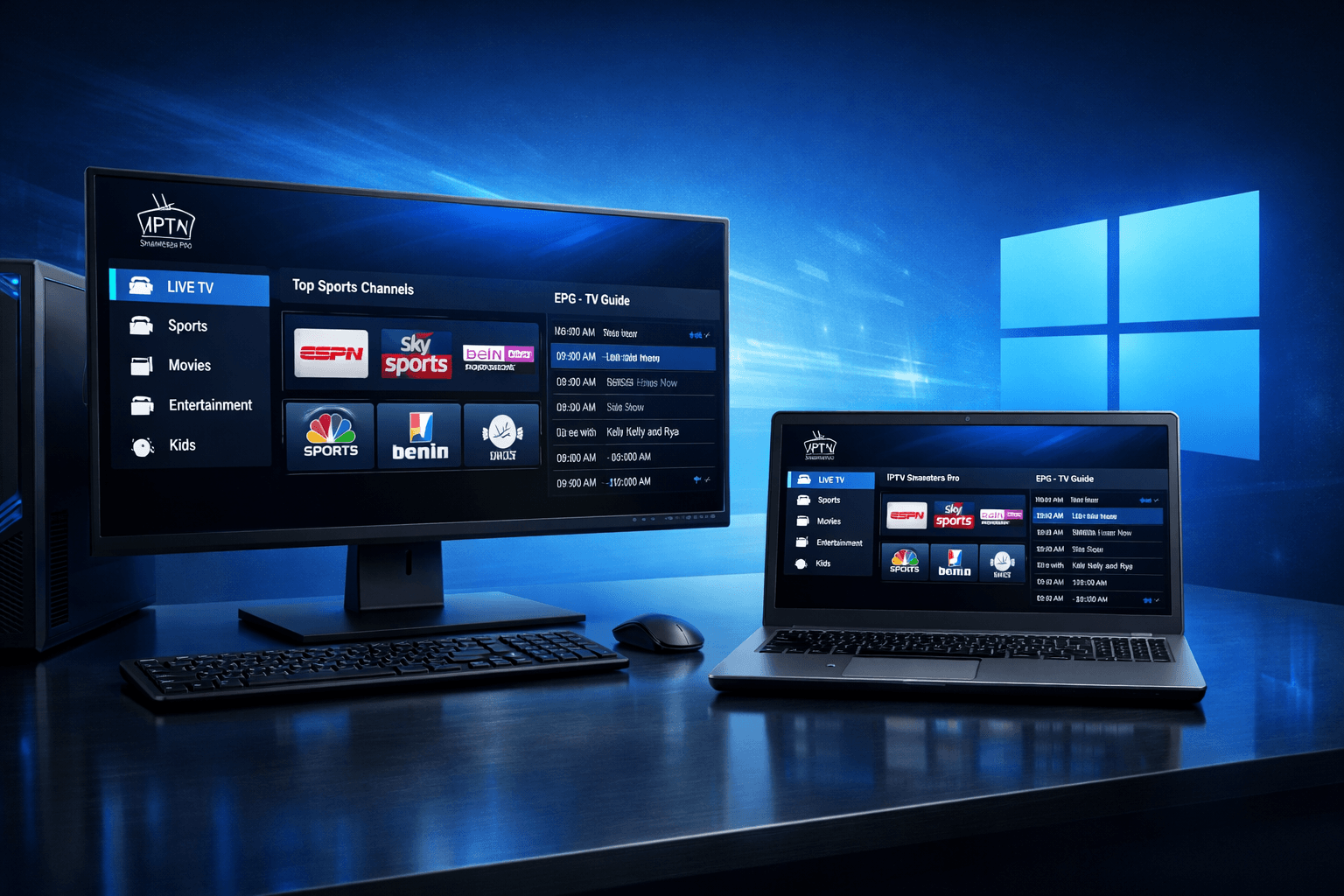 IPTV Smarters Pro Windows setup guide showing safe download, install steps, and Xtream Codes login on a Windows PC