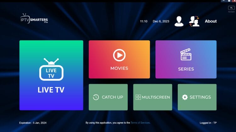 IPTV Smarters Pro home screen showing the main menu interface