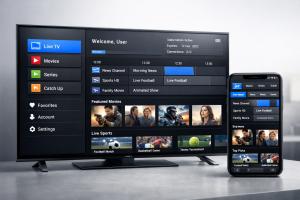 iptv smarters pro subscription interface showing live tv and on-demand content