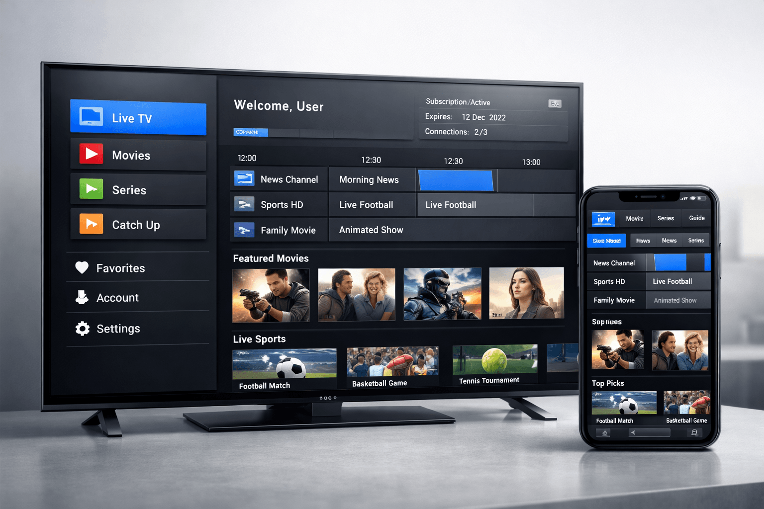 iptv smarters pro subscription interface showing live tv and on-demand content