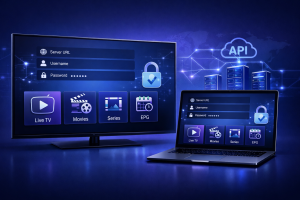 IPTV Smarters Xtream Codes setup showing how to enter server URL, username, and password with EPG enabled