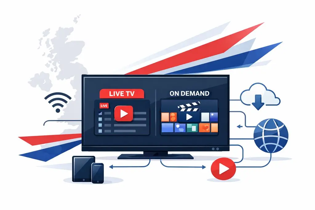 IPTV Smarters player interface displayed on a smart TV with a mobile device nearby