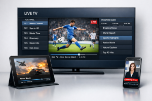 iptv_uk_subscription_IPTV Stream Explained: How Internet TV Streaming Really Works 1 iptv stream playing live television content on smart tv with internet connection