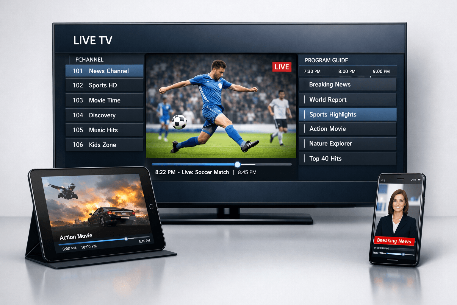iptv stream playing live television content on smart tv with internet connection (iptv stream)