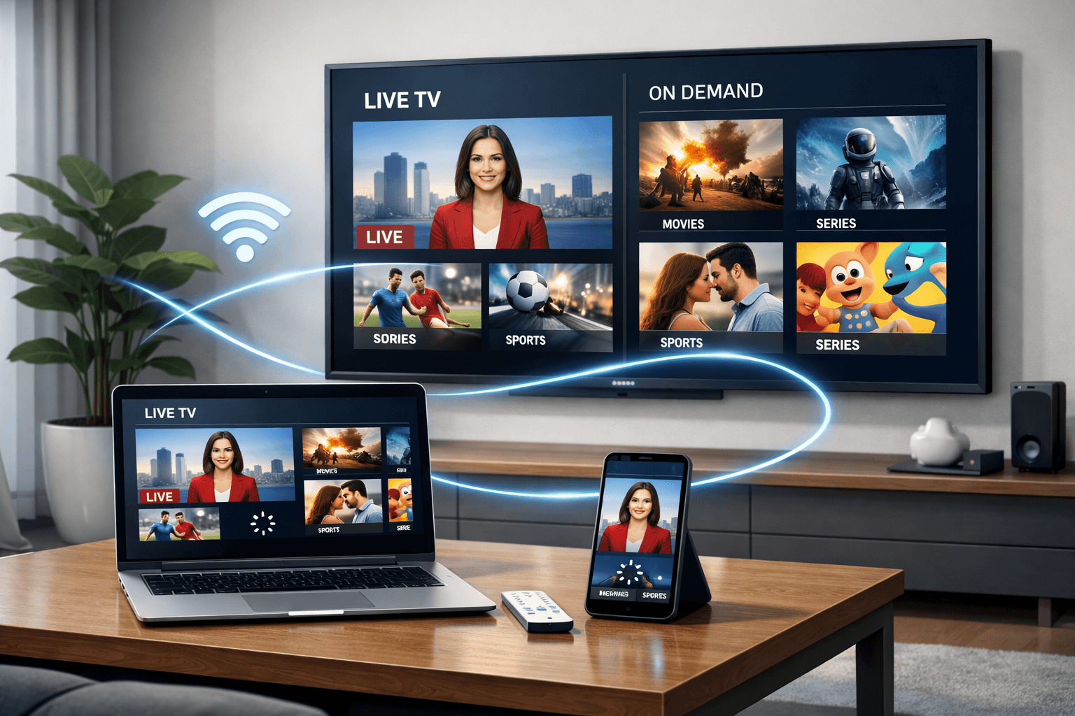 IPTV streaming across a smart TV, laptop, and mobile devices using an internet connection