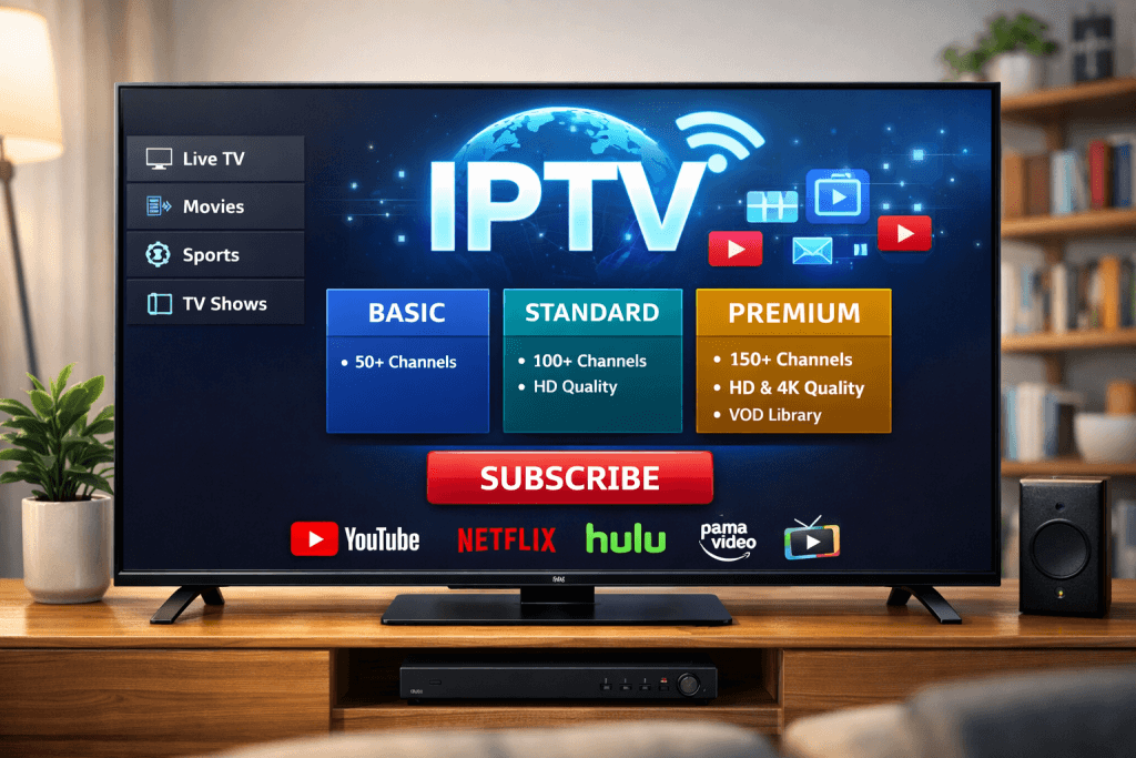 smart iptv player interface on a smart tv with playlist and epg icons