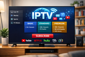 iptv subscribe concept showing smart tv interface with subscription and streaming features
