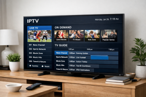 iptv tv interface showing live channels and on-demand content on a smart television
