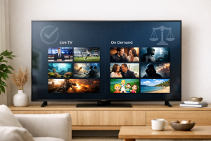 Is IPTV legal in the UK? Simple guide with streaming icons and a TV interface