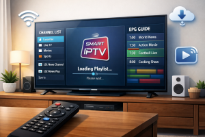 smart iptv app interface displayed on smart tv and mobile device