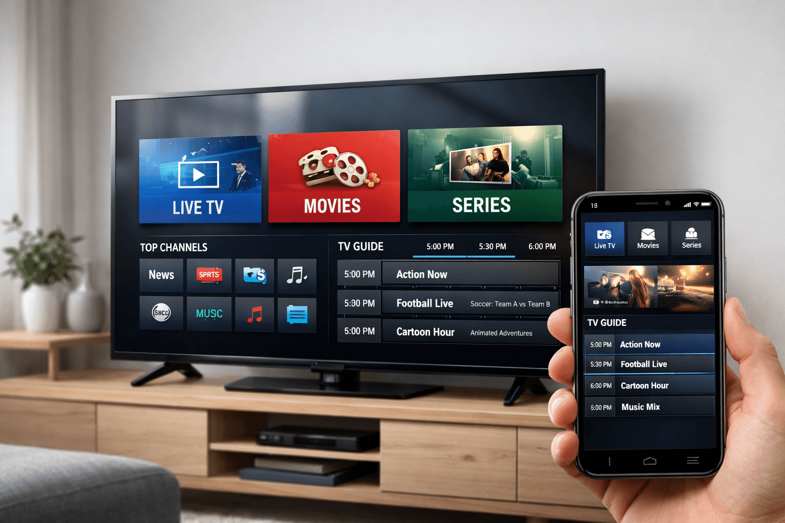 Smarters IPTV app interface showing live TV and on-demand content on multiple devices