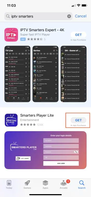 Apple App Store listing for Smarters Player Lite