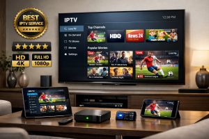 iptv_uk_subscription_Top Rated IPTV: How to Identify the Best IPTV Services 1 top rated iptv services displayed on smart tv with star ratings and streaming devices