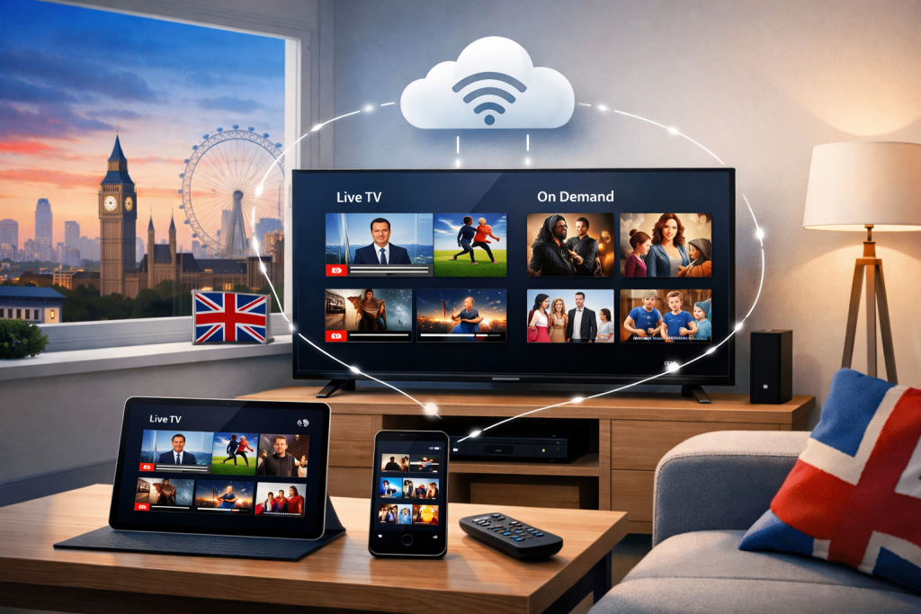 iptv uk guide shown on a smart tv with epg style program tiles and broadband status